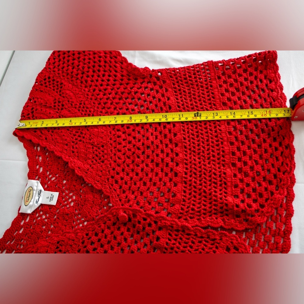 Talbots Hand Knit Red Crochet Button Closure Women’s Short Sleeve Top Size Large - Picture 11 of 11